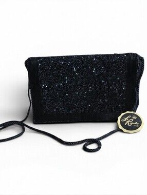 Vintage La Regale Black Beaded Satin Evening Bag Shoulder Clutch NWT
